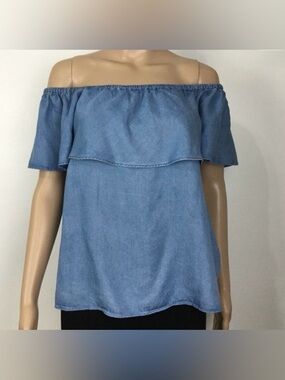 7 For All Mankind Chambray Off Shoulder Ruffle Top Size Small